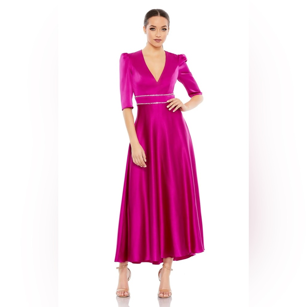 Mac Duggal Satin Rhinestone Encrusted Puff Shoulder Dress Fuschia NEW WITH TAG